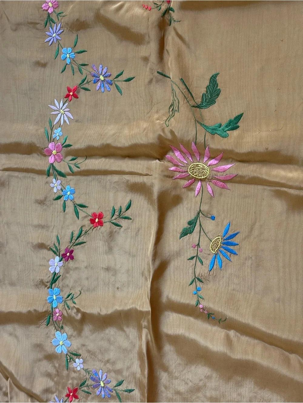 Vintage Floral Tablecloth in Mustard Yellow with Hand Embroidered Detail